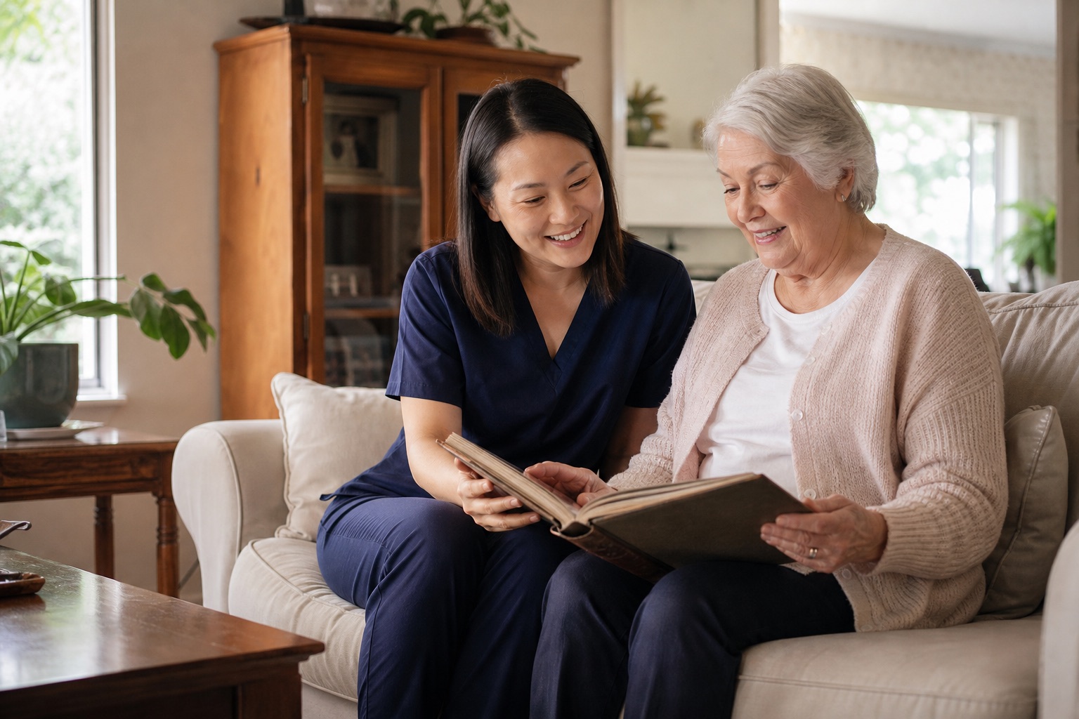 Kingdom Path caregiver in a client’s home, sharing a warm, trusted moment with a senior