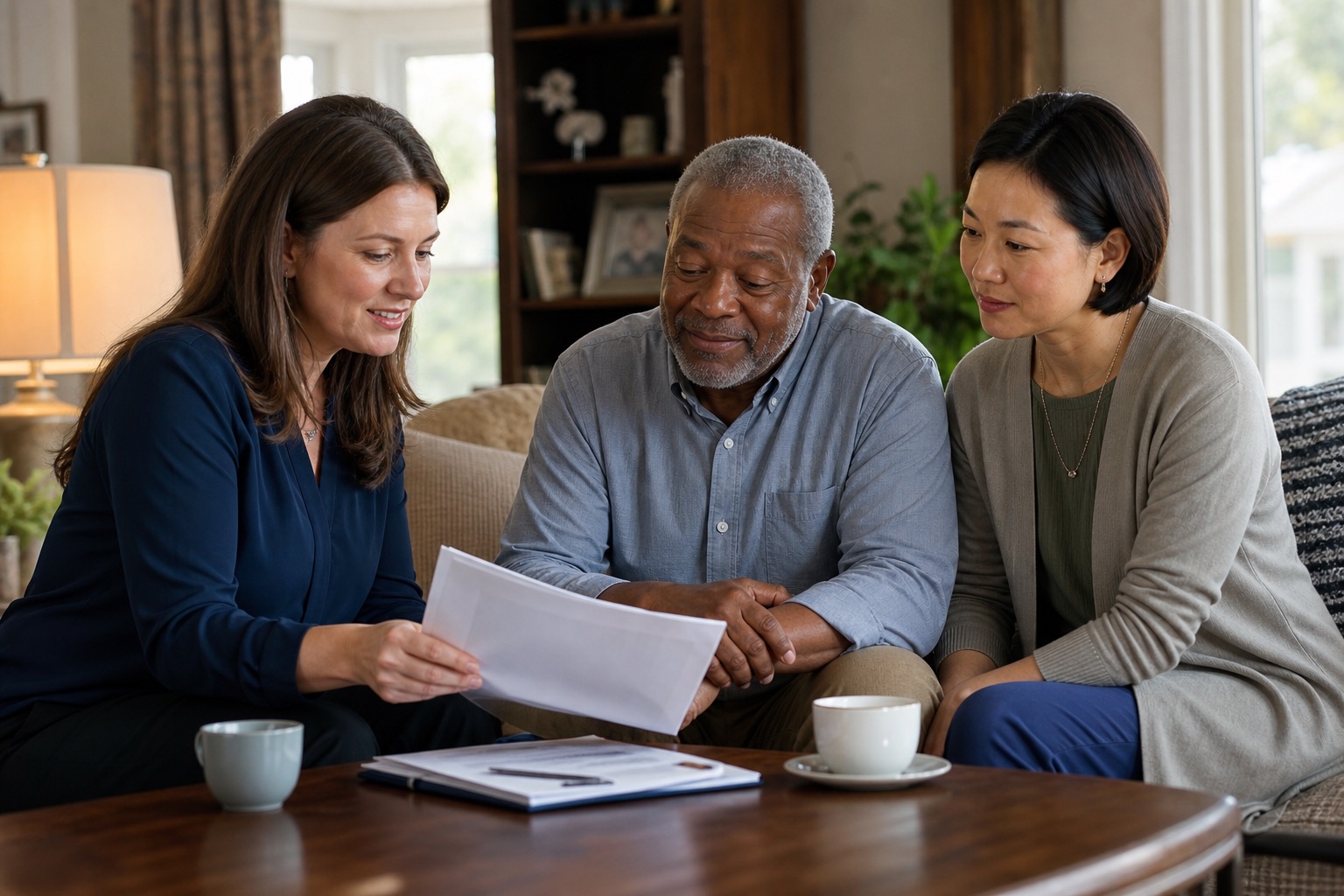 Care advisor meeting with a family in a warm living room — referral and coordinated home care