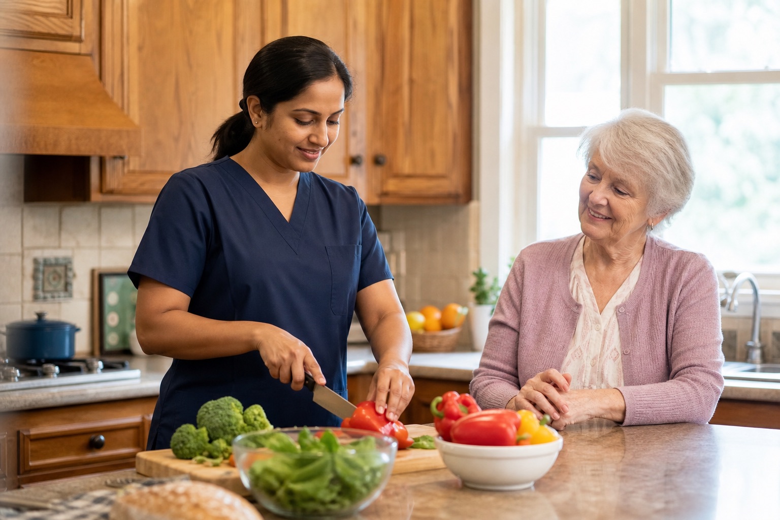 Caregiver preparing a meal in a warm home kitchen — compassionate daily living support at Kingdom Path Homecare