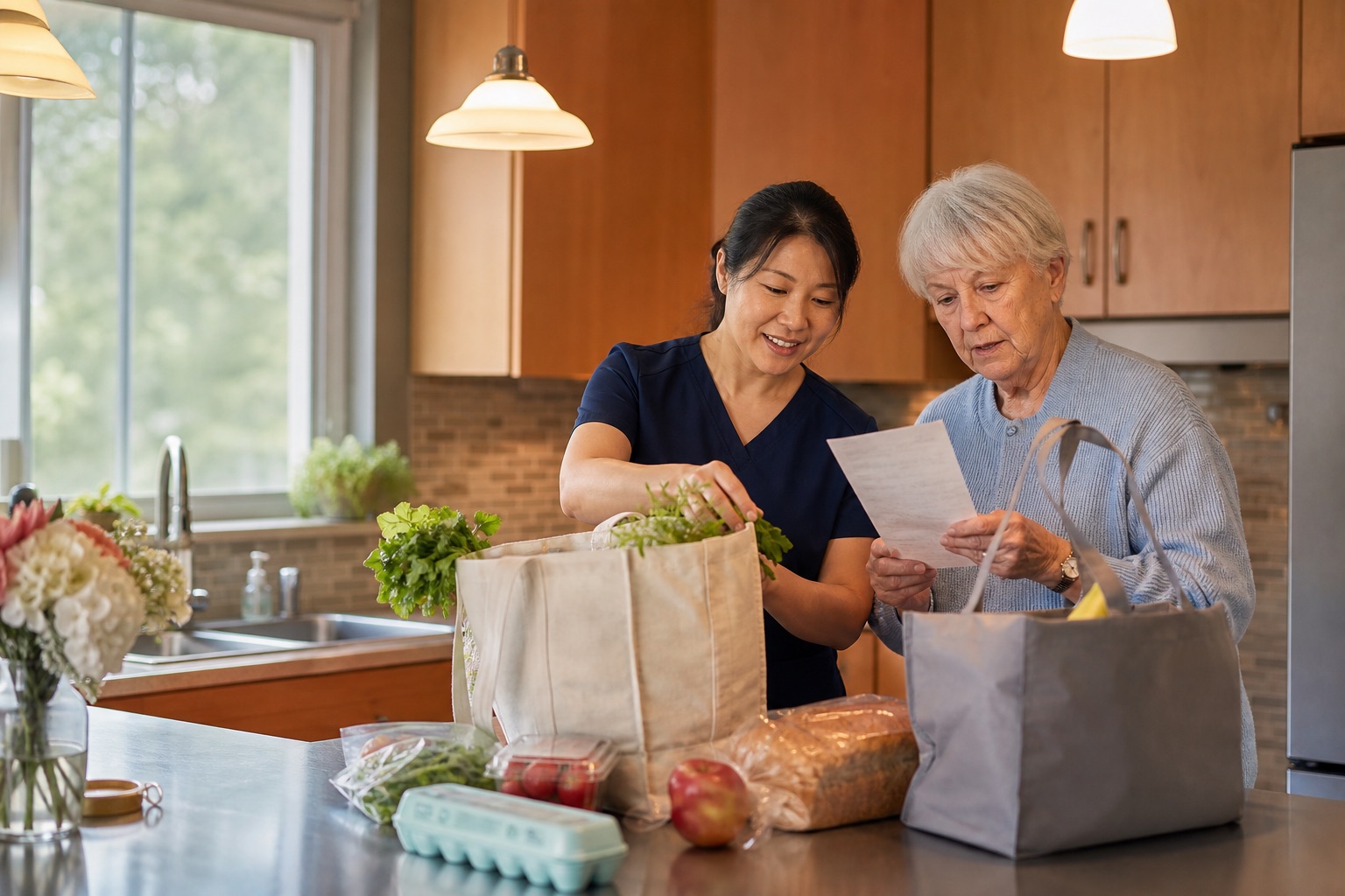Caregiver helping with groceries and a medication reminder list at home