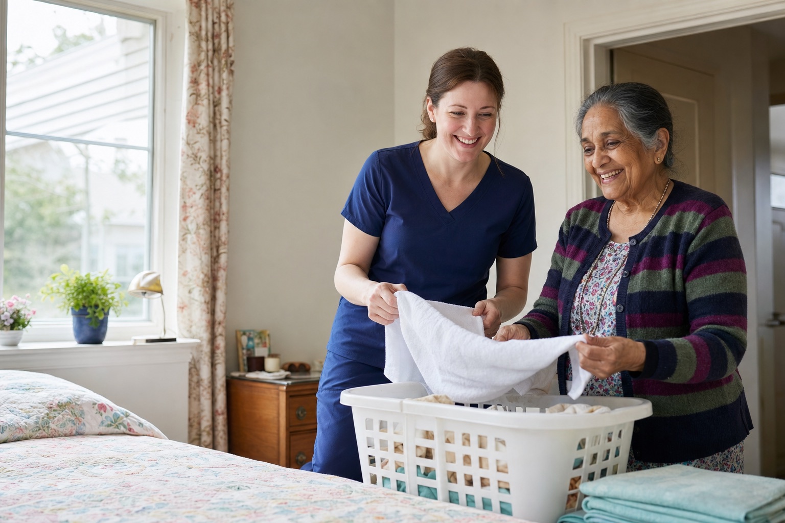 Caregiver helping with laundry and linens in a client’s home