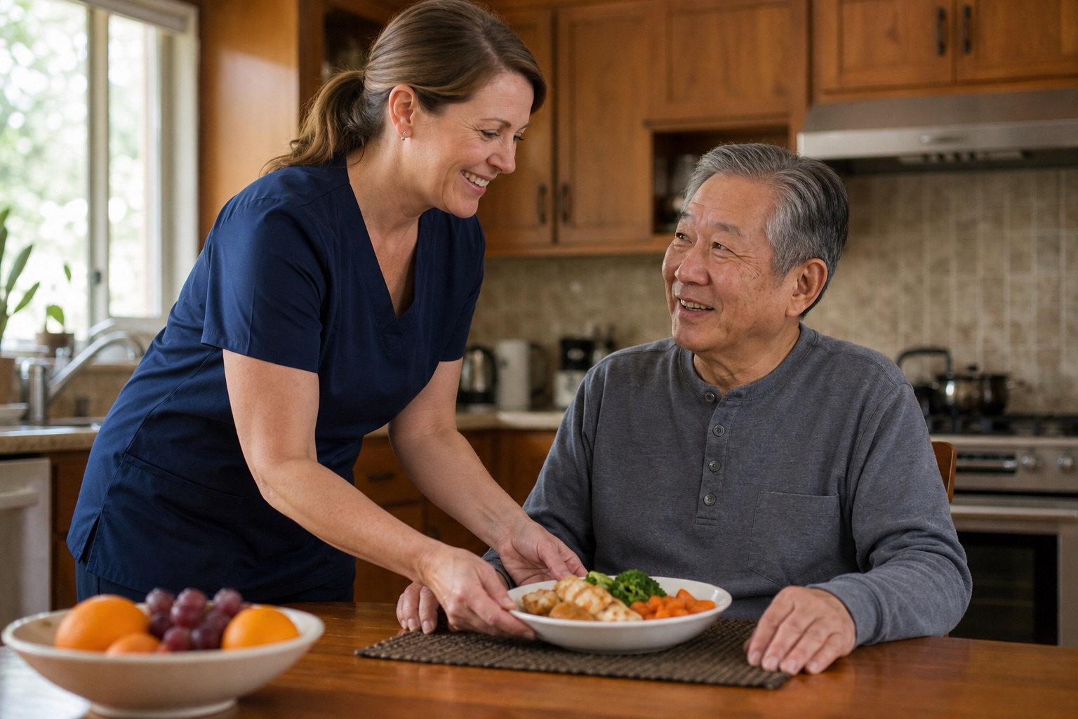 Caregiver serving a meal at a home kitchen table