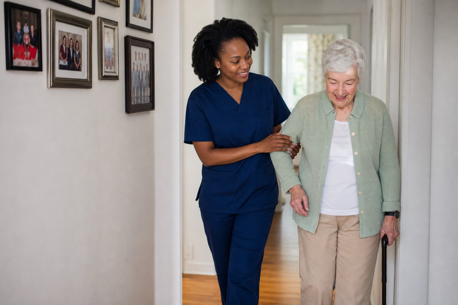 Caregiver helping an older adult walk safely at home
